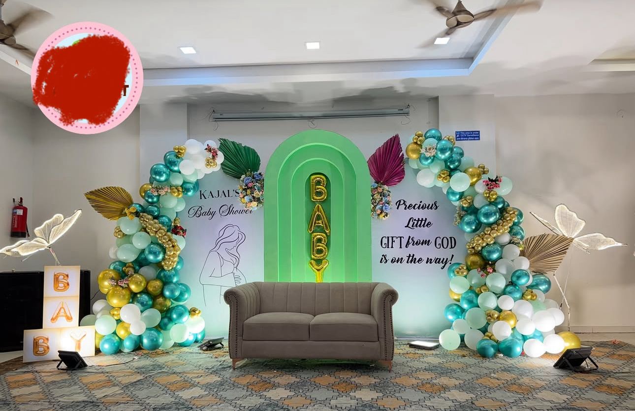 Baby Shower Balloon Decoration with Green Arch Backdrop