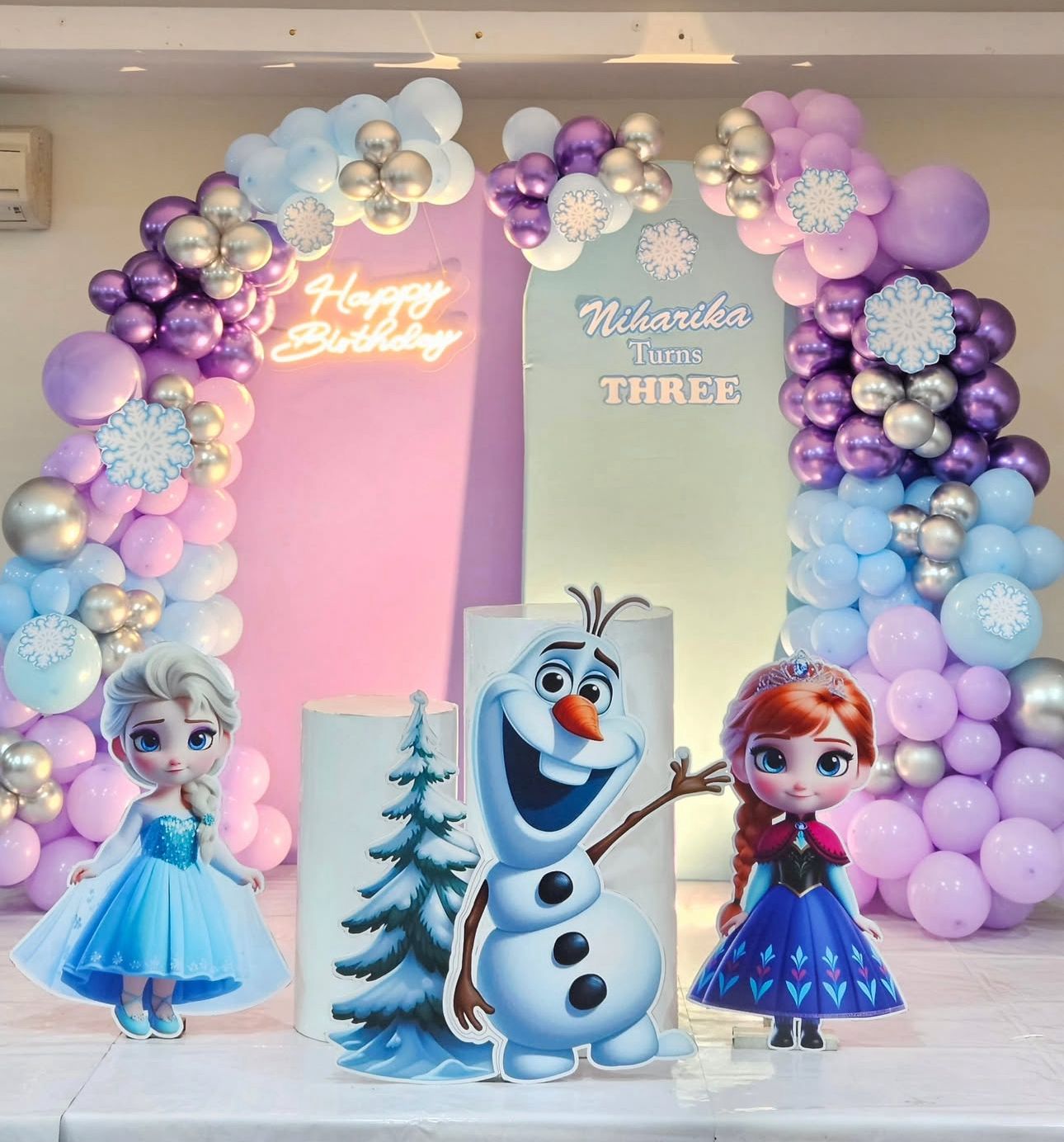 Frozen-Themed Birthday Party Decoration Set with Balloon Garland, Character Cutouts & Snowflake Accents
