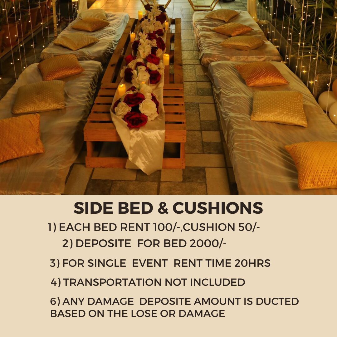 Side bed seating arrangement with cushions for Mehendi, Haldi, Sangeet and lounge decorations
