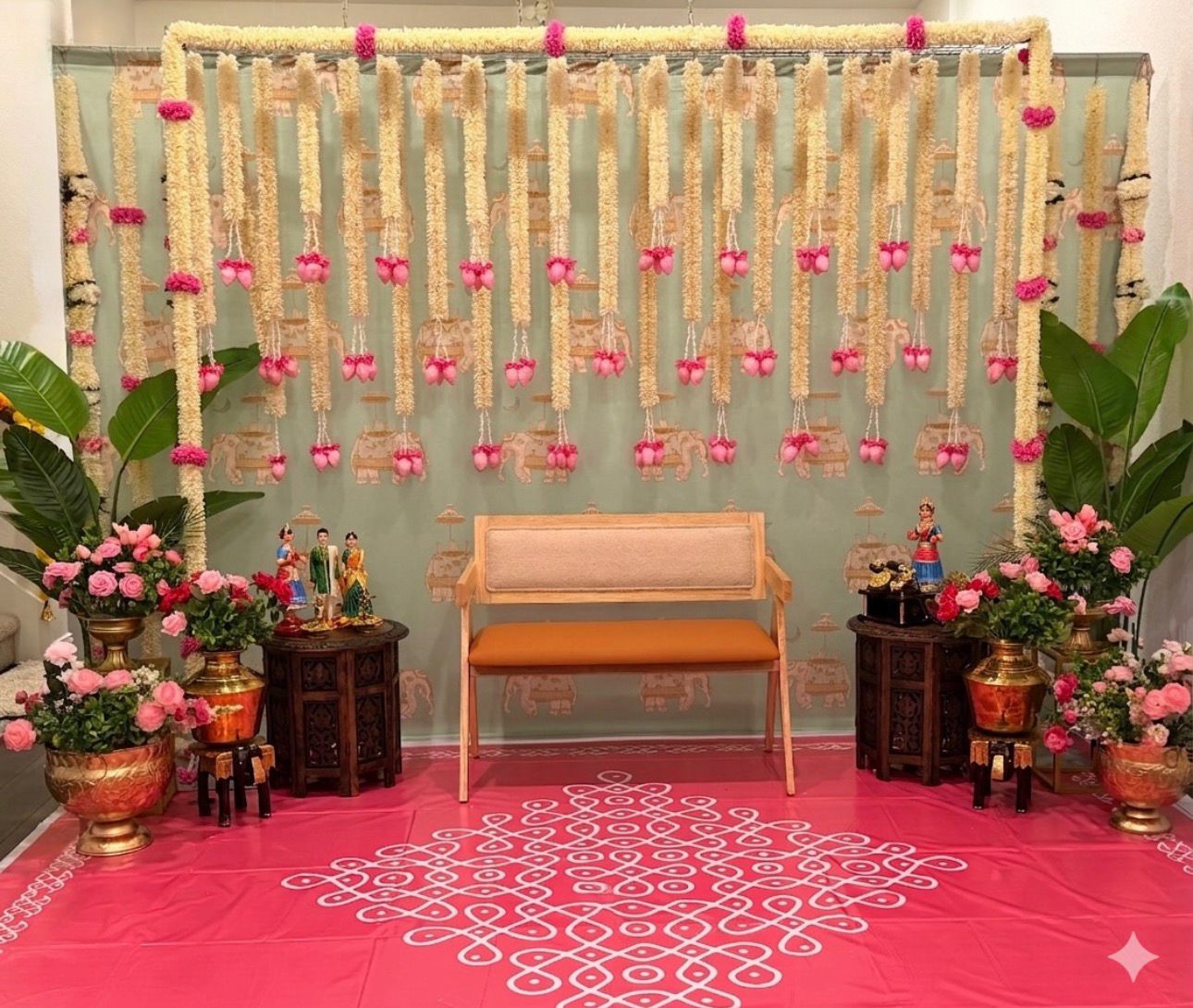 Traditional jasmine flower Seemantham decoration with floral hanging backdrop and elegant seating
