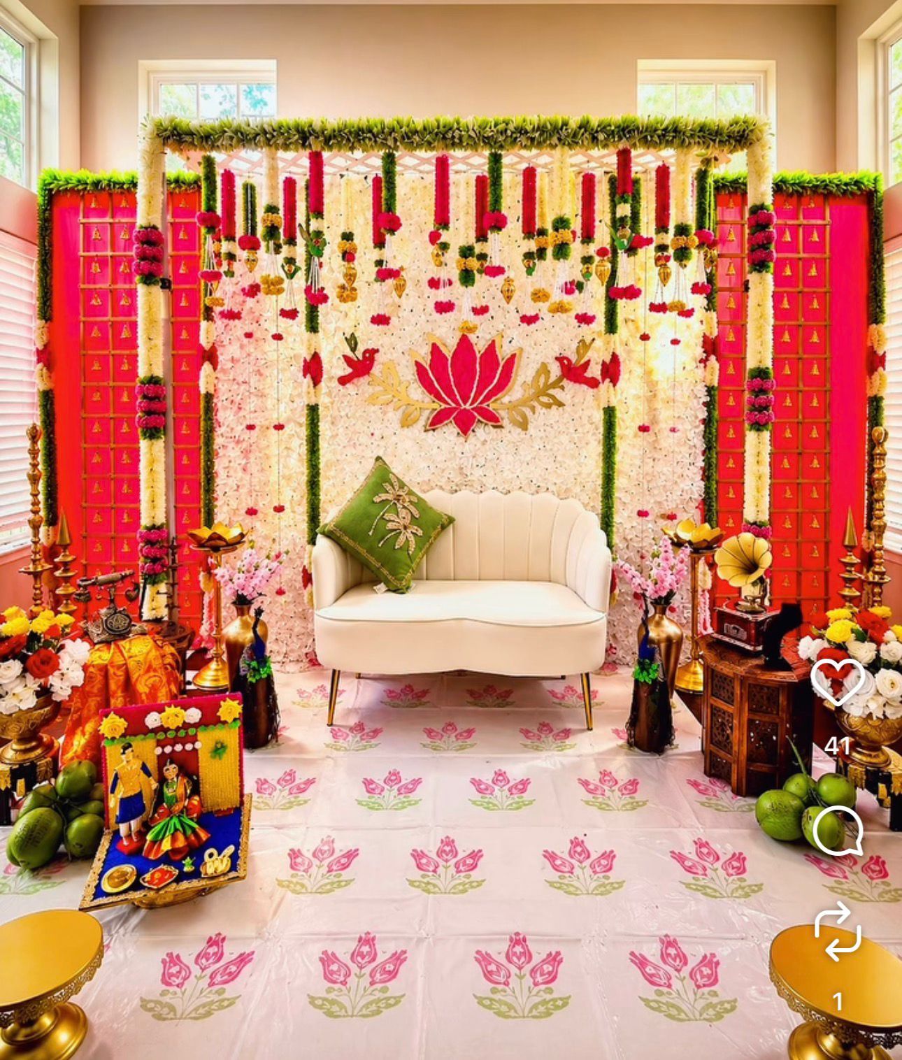 Luxury lotus theme Sreemantham decoration with floral backdrop, traditional brass décor, premium white sofa and pink lotus theme by Yuki Events Hyderabad.